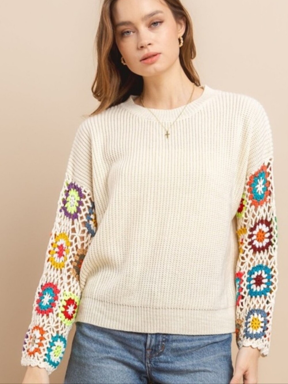 Cream Crochet-Sleeve Knit Sweater